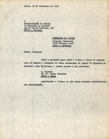 [Carta remetida por Joaquina Fernandes � Administra��o do Jornal "O Primeiro de Janeiro"]