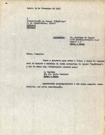 [Carta remetida por Quintino de Barros � Administra��o do Jornal "Rep�blica"]
