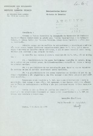 Carta remetida pela Associa��o dos Estudantes do Instituto Superior T�cnico ao Ministro do Interior