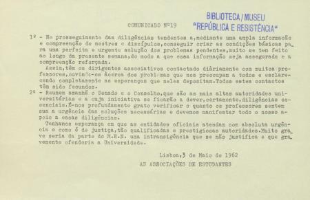 Comunicado das Associa��es de Estudantes, N.� 19