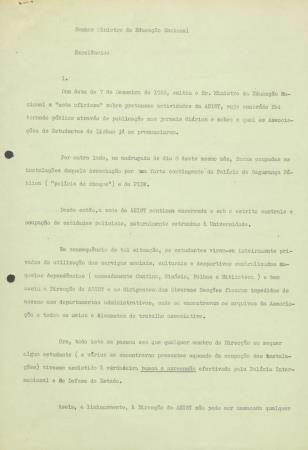 Carta remetida pela Dire��o da Associa��o de Estudantes do Instituto Superior T�cnico ao Ministro da Educa��o Nacional