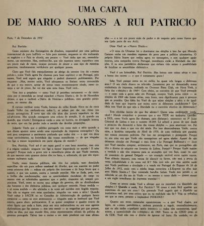 Uma carta de M�rio Soares a Rui Patr�cio
