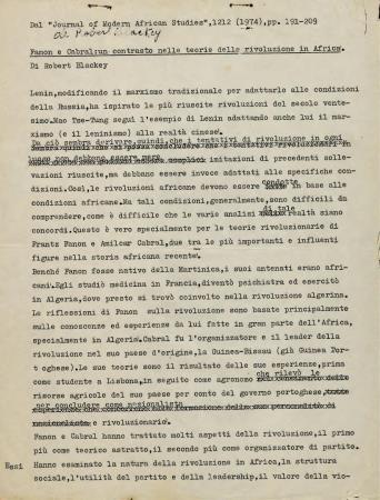 "Fanon e Cabral: un contrasto nelle teorie della rivoluzione in Africa", di Robert Blackey
