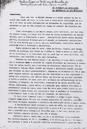 [C�pia de comunicado ao Conselho da Revolu��o da Rep�blica da Guin�-Bissau]