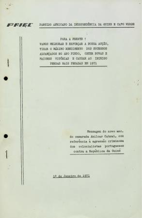 Mensagem de ano novo, do camarada Am�lcar Cabral, com refer�ncia � agress�o criminosa dos colonialistas portugueses contra a Rep�blica da Guin�