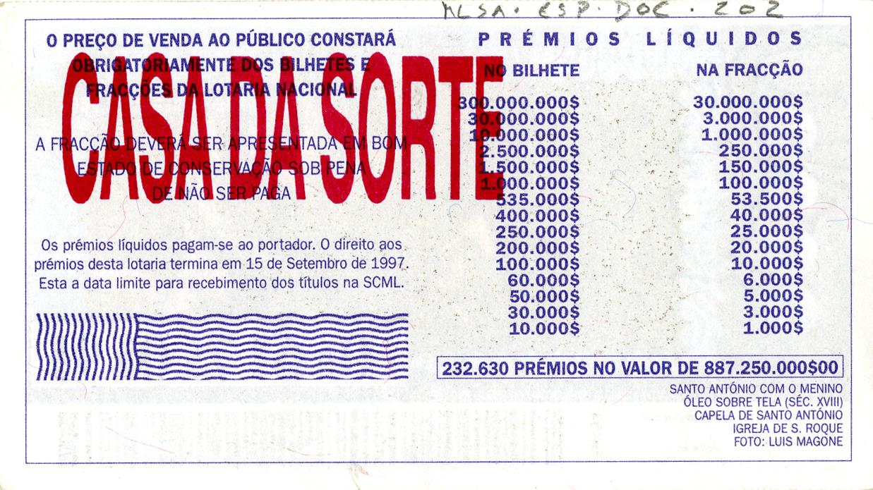 Bilhete de lotaria da Santa Casa da Miseric�rdia<br>