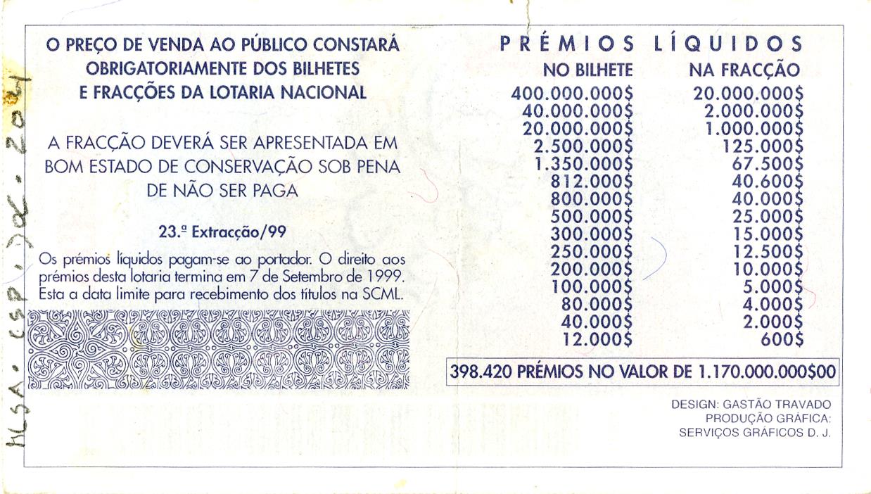 Bilhete de lotaria da Santa Casa da Miseric�rdia<br>