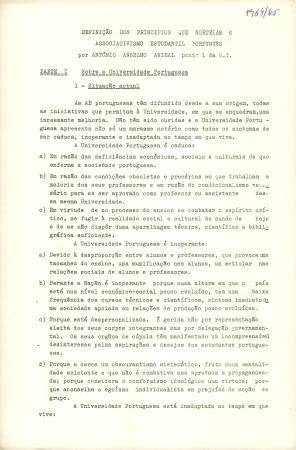 Defini��o dos princ�pios que norteiam o associativismo estudantil portugu�s por Ant�nio Anselmo Anibal, ponto 1 da O.T. ? 1964/65