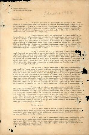 [Carta endere�ada ao] Senhor Presidente da Assembleia Nacional
