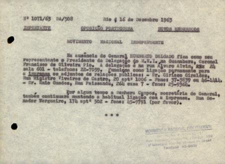 N� 1071/63: DA/508. Oposi��o Portuguesa. Novos Endere�os: Movimento Nacional Independente