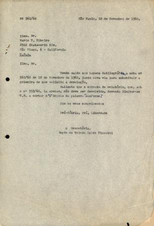 N� 361/60 [Carta enviada pela secret�ria Ney de Ficcantti ao Sr. M�rio Teles  Ribeiro (Calif�rnia)