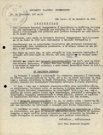 Credencial. Movimento Nacional Independente