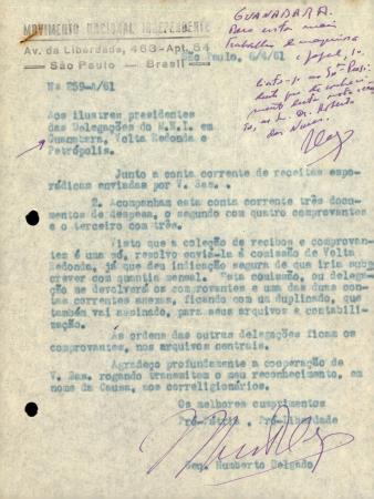 N� 259-A/61. Aos ilustres presidentes das Delega��es do MNI em Guanabara, Volta Redonda e Petr�polis