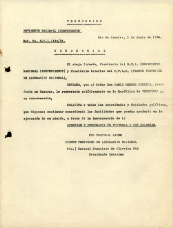 Traduccion. Movimento Nacional Independente. Ref. No .M.N.I./44/65. Credencial