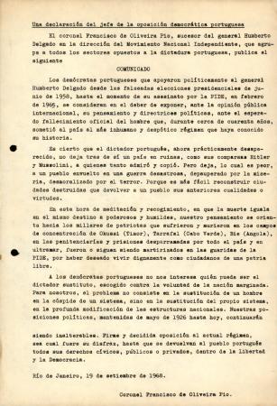 Una declaraci�n del jefe de la oposition democr�tica portuguesa e Comunicado