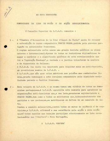 Ao Povo Portugu�s. Comunicado da Liga de Uni�o e de Ac��o Revolucion�ria