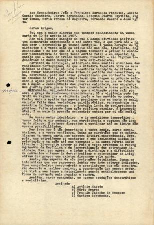 Aos Companheiros Jo�o e Francisco Sarmento Pimentel, Adolfo Casais Monteiro, Castro Soromenho, Joaquim Duarte Baptista, Victor Tomaz, Maria Tereza S� Nogueira, Fernando Nazar� e Jos� Marta