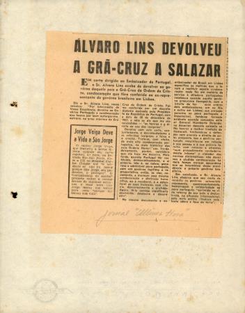 "�lvaro Lins Devolveu a Gr�-Cruz a Salazar"
