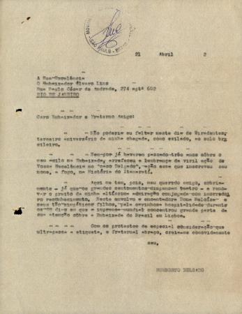 [Carta dirigida a �lvaro Lins (Rio de Janeiro)]