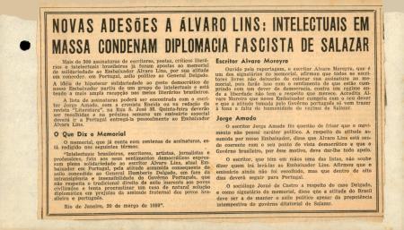 "Novas Ades�es a �lvaro Lins: Intelectuais em Massa Condenam Diplomacia Fascista de Salazar"