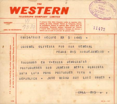 [Telegrama dirigido a Francisco de Oliveira Pio (Rio de Janeiro)]