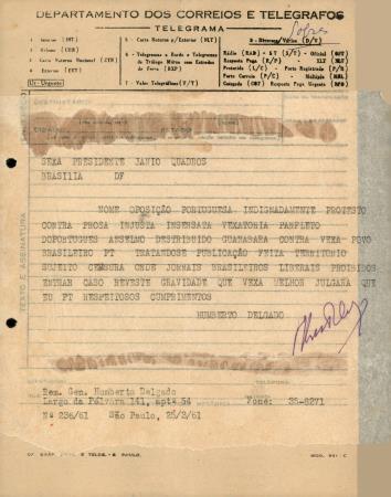 N� 236/61 [Telegrama dirigido pelo general Humberto Delgado ao Presidente da Rep�blica do Brasil, J�nio Quadros (Bras�lia)]