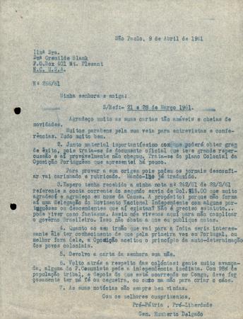 N� 266/61 [Carta dirigida a Cremilde Blank (EUA)