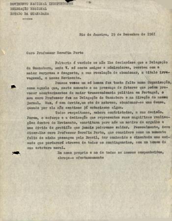 [Carta dirigida ao Prof. Serafim Porto (Guanabara)]
