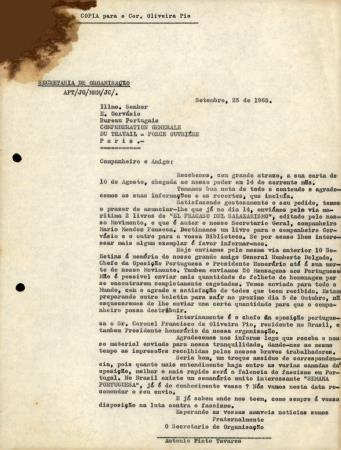 [Carta dirigida a E. Gerv�sio, do Bureau Portugu�s da Confedera��o Geral do Trabalho-For�a Oper�ria, em Paris]
