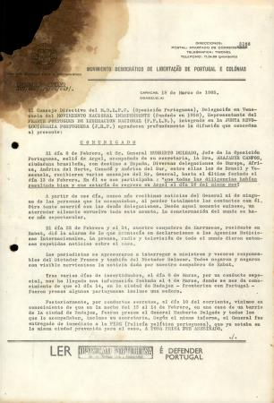 Comunicado do Movimento Democr�tico de Liberta��o de Portugal e Col�nias (MDLPC)
