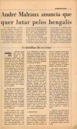 "Andr� Malraux anuncia que quer lutar pelos bengalis"