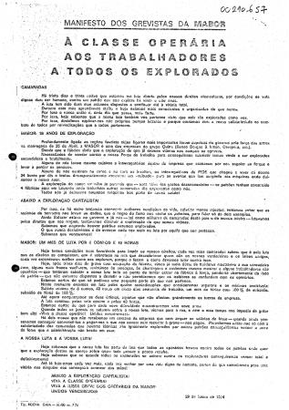 Manifesto dos Grevistas da Mabor: � Classe Oper�ria, aos Trabalhadores, a todos os Explorados