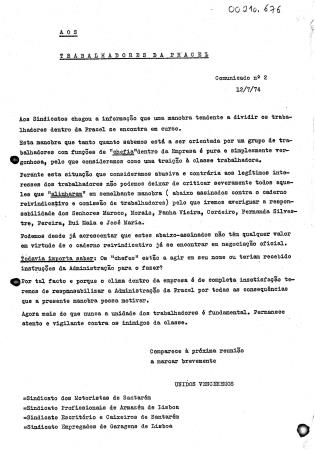 <b>Aos Trabalhadores da Pracel[...]</b>