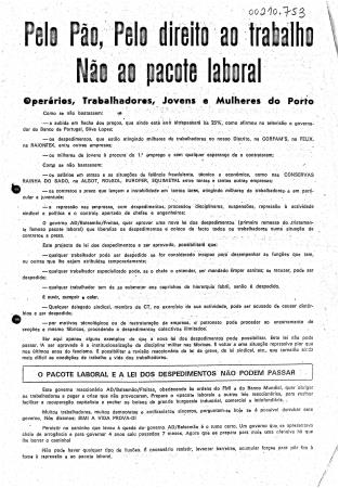 Pelo P�o, Pelo direito ao trabalho: N�o ao pacote laboral. Oper�rias, Trabalhadores, Jovens e Mulheres do Porto