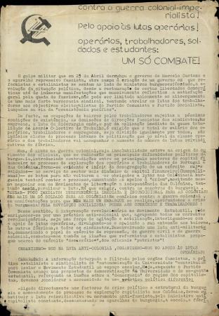 Contra a guerra colonial-imperialista! Pelo apoio �s lutas oper�rias! Oper�rios, trabalhadores, soldados e estudantes: Um s� Combate!