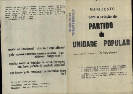 Manifesto para a cria��o do Partido de Unidade Popular proposto pelo jornal "A Verdade"