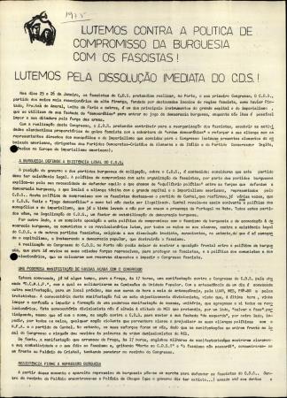 Lutemos contra a Pol�tica de Compromisso da Burguesia com os Fascistas! Lutemos pela Dissolu��o Imediata do CDS!