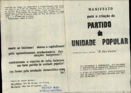 Manifesto para a cria��o do Partido de Unidade Popular, proposto pelo jornal "A Verdade"