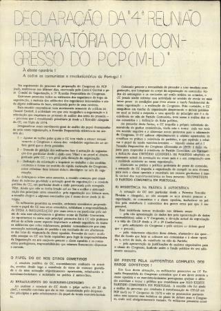 Declara��o da "4� Reuni�o Preparat�ria do VI Congresso do PCP (M-L)". � Classe Oper�ria! A todos os comunistas e revolucion�rios de Portugal!
