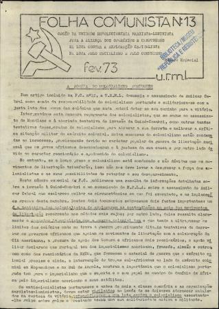 Folha Comunista N.� 13 - �rg�o da Unidade Revolucion�ria Marxista Leninista para a Alian�a dos Oper�rios e Camponeses na Luta contra a Explora��o Capitalista na Luta pelo Socialismo e pelo Comunismo. N�mero Especial