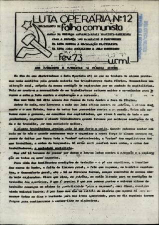 Luta Oper�ria N.� 12, suplemento da "Folha Comunista" - �rg�o da Unidade Revolucion�ria Marxista Leninista para a Alian�a dos Oper�rios e Camponeses na Luta contra a Explora��o Capitalista na Luta pelo Socialismo e pelo Comunismo