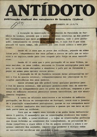 Ant�doto - Publica��o Sindical dos Estudantes de Farm�cia (Lisboa) - Suplemento de 12/6/1974