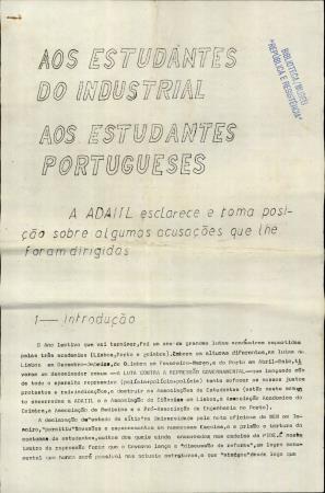 Aos Estudantes do Industrial, Aos Estudantes Portugueses: A ADAIIL esclarece e toma posi��o sobre algumas acusa��es que lhe foram dirigidas