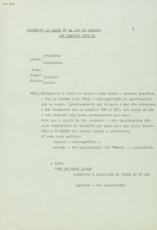 Inqu�rito ao Curso do 4� ano de Direito, Ano Lectivo 1970/71