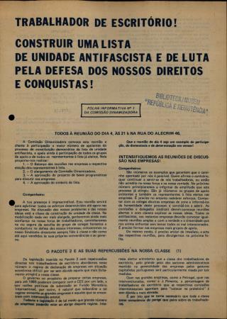Trabalhador de Escrit�rio! Construir uma Lista de Unidade Antifascista e de Luta pela Defesa dos nossos Direitos e Conquistas!