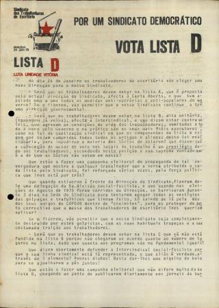 Por um Sindicato Democr�tico, Vota Lista D - Luta - Unidade - Vit�ria