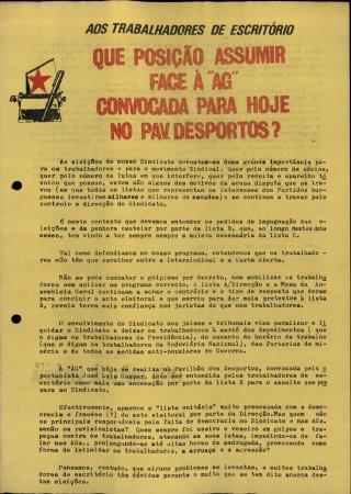 Aos Trabalhadores de Escrit�rio: Que Posi��o Assumir face � "AG" Convocada para Hoje no Pav. Desportos?