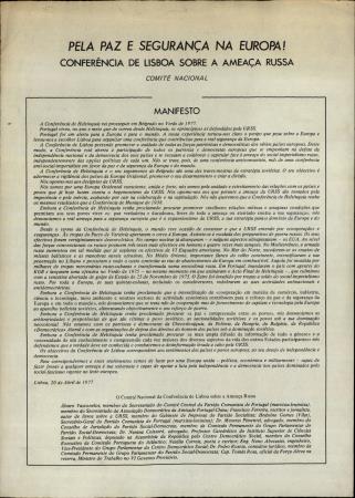 Pela Paz e Seguran�a na Europa! Confer�ncia de Lisboa sobre a Amea�a Russa. Comit� Nacional. Manifesto