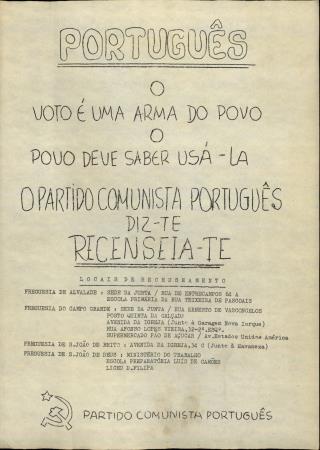 Portugu�s o voto � uma arma do povo o povo deve saber us�-la. O Partido Comunista Portugu�s diz-te Recenseia-te