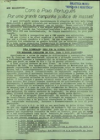 Aos Estudantes! Com o Povo Portugu�s, por uma grande campanha pol�tica de massas!